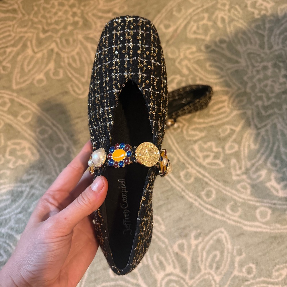 Jeffrey Campbell Black Gold Tweed Jewel Pearl Mary Jane Flats Square Toe 6.5 - Picture 3 of 5